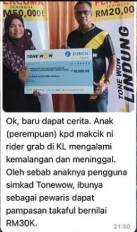 Bukti pampasan Takaful Tonewow — tuntutan berjaya