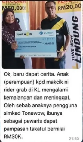 Bukti pampasan Takaful Tonewow — tuntutan berjaya