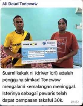 Bukti pampasan Takaful Tonewow — wang diterima