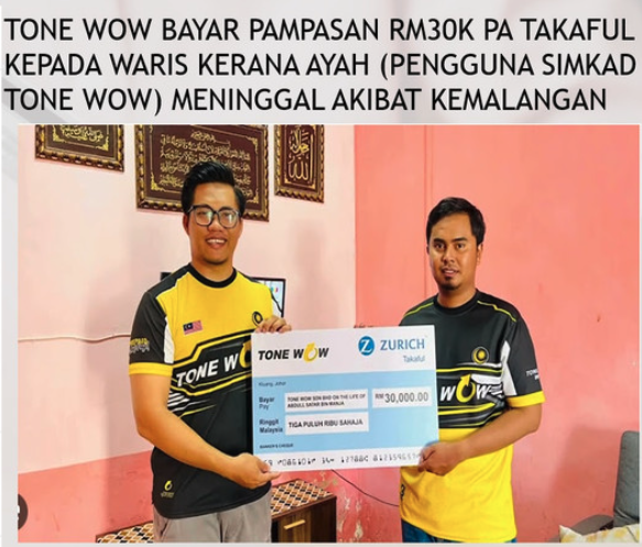Bukti pampasan Takaful Tonewow — penyerahan cek atau notis bayaran