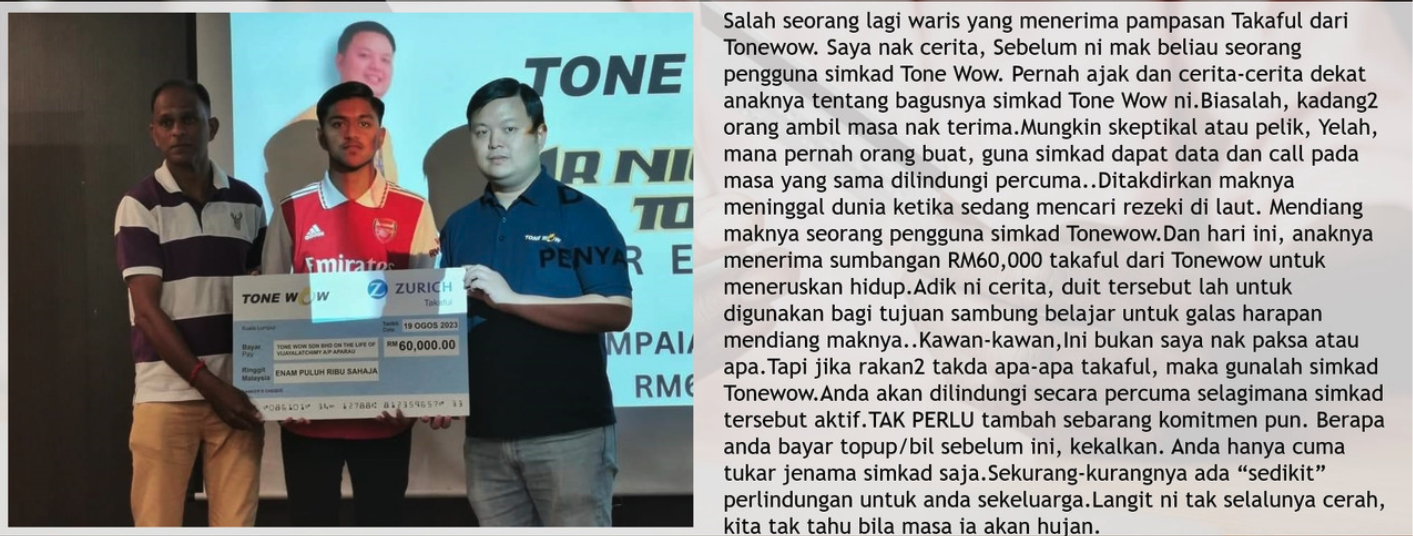 Bukti pampasan Takaful Tonewow — penyampaian pampasan kepada keluarga