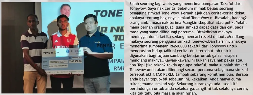 Bukti pampasan Takaful Tonewow — penyampaian pampasan kepada keluarga